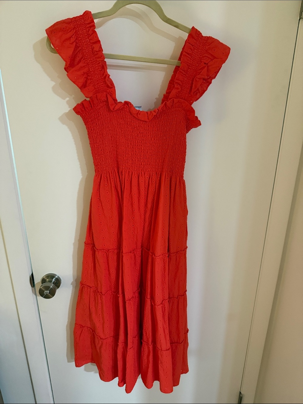 Hill House Orange Smocked Ruffle Midi Dress